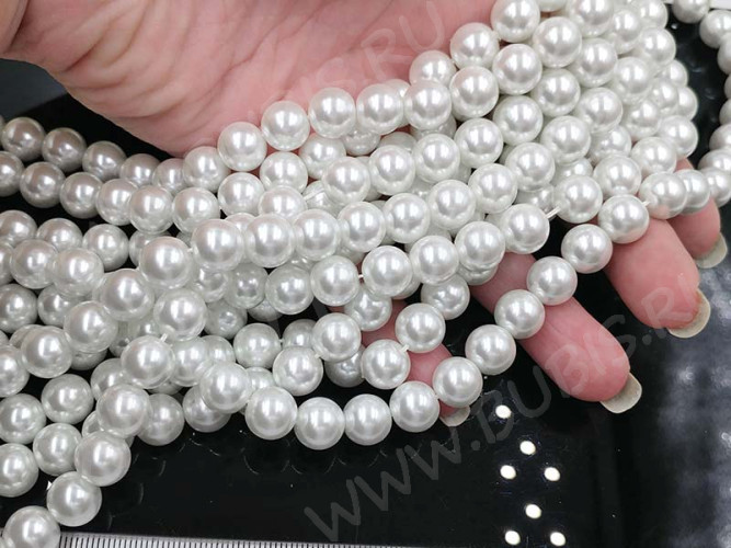 (ОПТ) Бусина "жемчуг" округлая "МАЙОРКА" 10мм белая жемчужная (стекло) (НИТЬ)