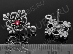 Пуссеты (&quot;гвоздики&quot;) №030 Цветочек со стразом 19*15*14,5мм античное серебро и т.розовый (литьё) (1 пара)