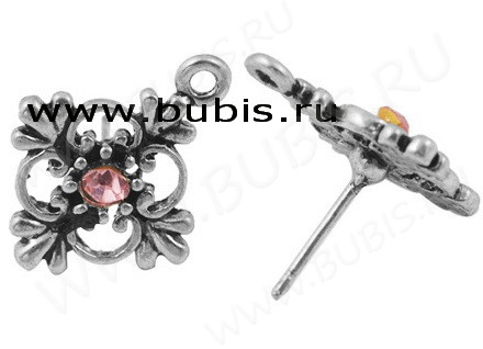 Пуссеты ("гвоздики") №030 Цветочек со стразом 19*15*14,5мм античное серебро и т.розовый (литьё) (1 пара)
