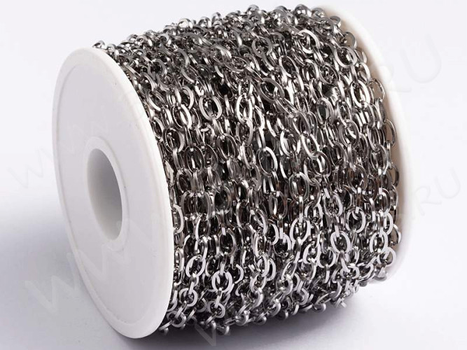 Цепочка S17 стальная овальное плоское звено 6,7*3,8мм цвет платины (Хирургическая сталь)(50см)
