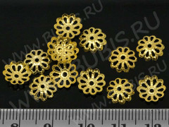 (СКИДКИ!!!) Шапочка тонкая 014 ажурная простая тип 2 8,5*8,5*1,5мм золотистая (Iron) (имитация скани) (50шт.)