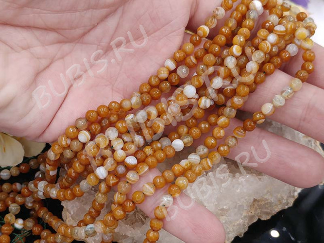 (ОПТ) Бусина округлая ГРАНЁНАЯ 4мм Агат Мадагаскарский св.коричнево-молочный (камни) (НИТЬ)
