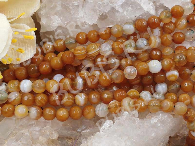 (ОПТ) Бусина округлая ГРАНЁНАЯ 4мм Агат Мадагаскарский св.коричнево-молочный (камни) (НИТЬ)