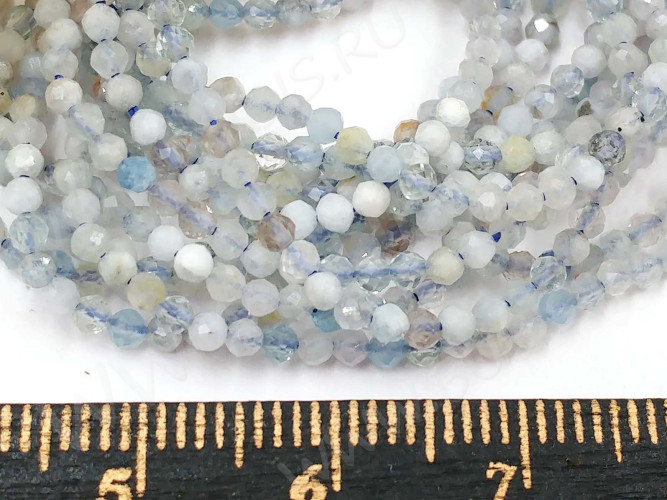 (ОПТ) Бусина округлая ГРАНЁНАЯ "каменный бисер" 2мм Аквамарин (камни LUX) (НИТЬ)