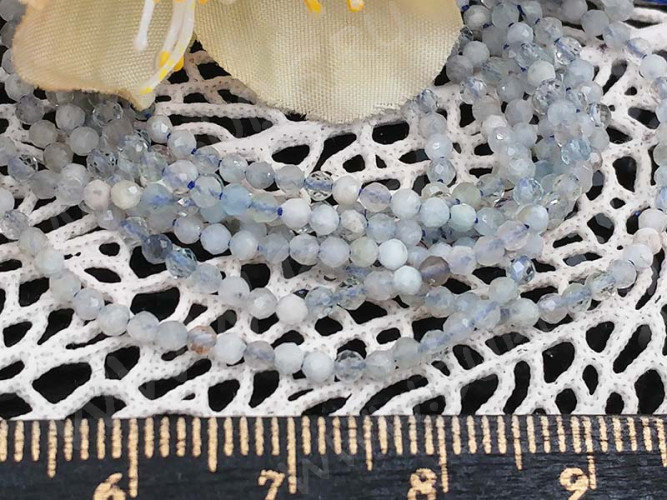 (ОПТ) Бусина округлая ГРАНЁНАЯ "каменный бисер" 2мм Аквамарин (камни LUX) (НИТЬ)