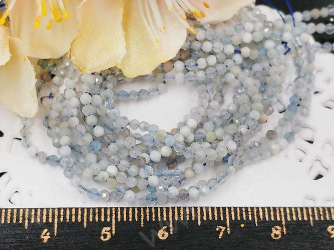 (ОПТ) Бусина округлая ГРАНЁНАЯ "каменный бисер" 2мм Аквамарин (камни LUX) (НИТЬ)