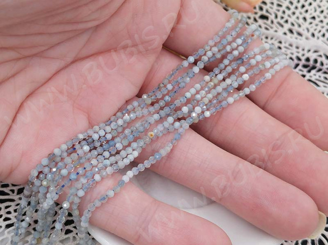 (ОПТ) Бусина округлая ГРАНЁНАЯ "каменный бисер" 2мм Аквамарин (камни LUX) (НИТЬ)