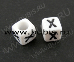 Бусина кубик 6*6мм с буквой "X" бело-чёрный непрозрачный (акрил)