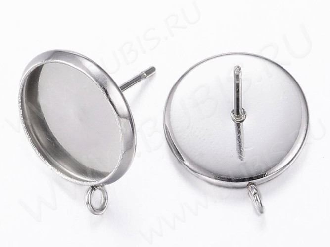 Пуссеты ("гвоздики") №178 (с круглым сеттингом 12мм) с петлёй (колечком) 13*14*0,6мм цвет платины (Хирургическая сталь) (1 пара)