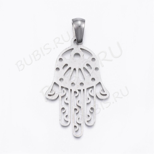 Подвеска Ладошка 07 Хамса Кулон с держателем 29*18*1,5мм цвет платины (Хирургическая сталь)