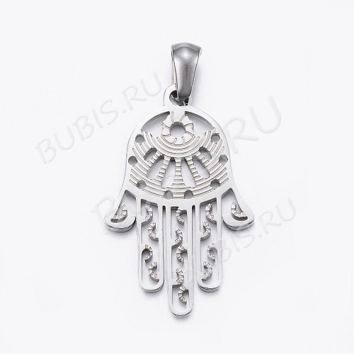 Подвеска Ладошка 07 Хамса Кулон с держателем 29*18*1,5мм цвет платины (Хирургическая сталь)