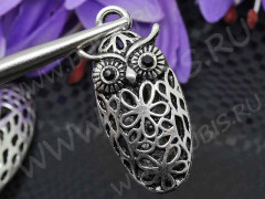 Подвеска Сова 39 3D Кулон ажурный 43*19*13,5мм античное серебро и чёрный (литьё)