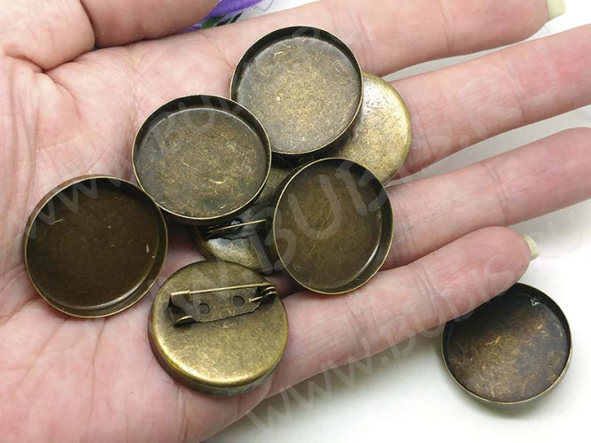 Основа (заготовка) для броши №93 булавка с глубоким сеттингом 25мм Круг 26*26*9,5мм античная бронза (Brass и Iron)