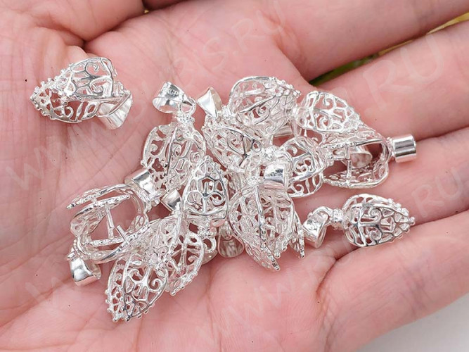 Держатель кулона 024 Листик ажурный 24*10*8,5мм серебристый (LUX Китай) (Brass)