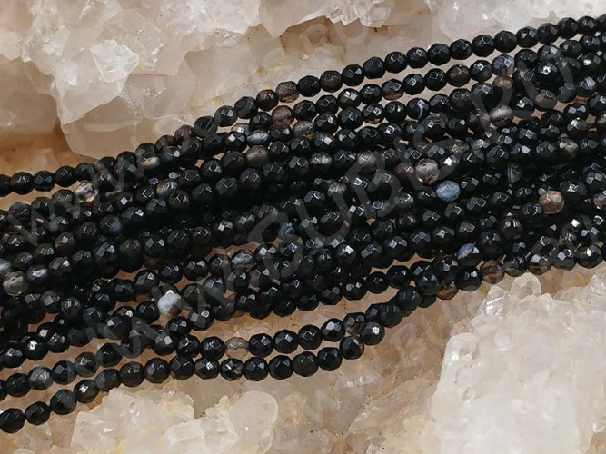 (ОПТ) Бусина округлая ГРАНЁНАЯ "каменный бисер" 2мм Агат чёрный натуральный (камни LUX) (НИТЬ)