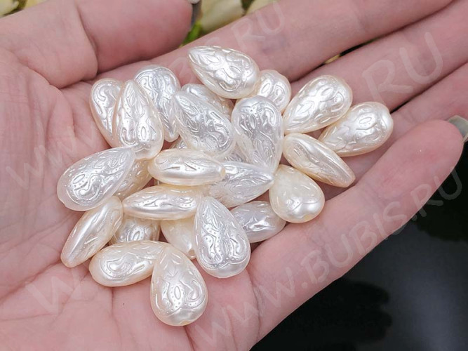 (СКИДКИ!!!) Бусина акриловая Капелька 03 с узором 18*11*6,5мм МИКС белых и айвори жемчужных (акрил) (20шт.)