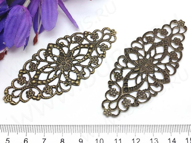 (СКИДКИ!!!) Декоративный элемент 073 Овал ажурный 80*35*1мм античная бронза (Iron) (имитация скани) (10шт)