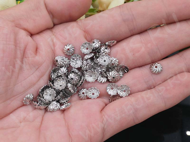 Шапочка тонкая 098 простая 34 с узором 7*7*2мм цвет платины (Brass) (10шт)