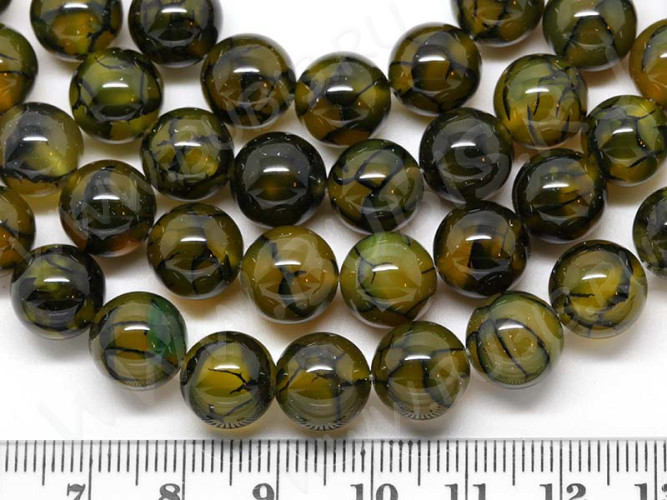 (ОПТ) Бусина округлая 10мм Агат "Вены Дракона" оливковый (камни) (НИТЬ)