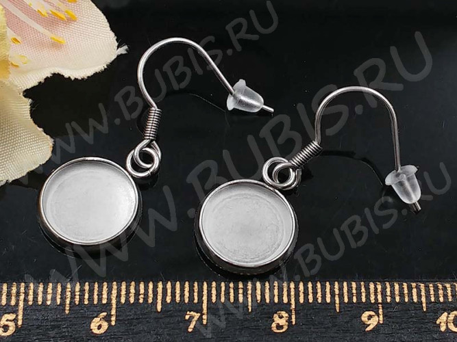 Основа (заготовка) для серёжек №03 стальная с круглым сеттингом 10мм цвет платины (Хирургическая сталь) (1 пара)