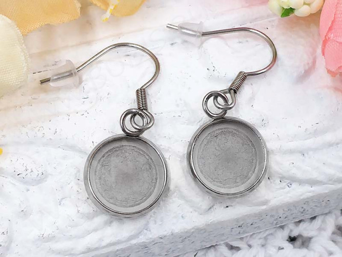 Основа (заготовка) для серёжек №03 стальная с круглым сеттингом 10мм цвет платины (Хирургическая сталь) (1 пара)