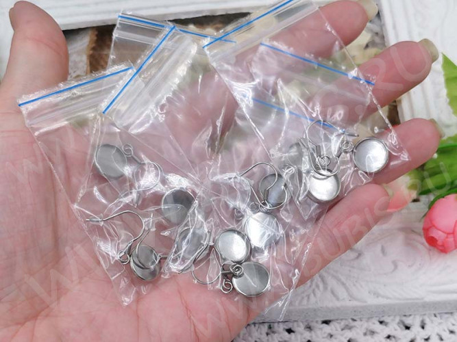 Основа (заготовка) для серёжек №03 стальная с круглым сеттингом 10мм цвет платины (Хирургическая сталь) (1 пара)