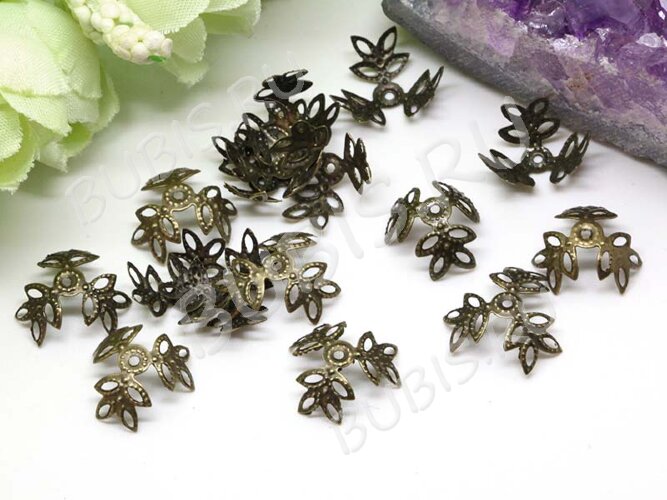 (СКИДКИ!!!) Шапочка тонкая 032 ажурная ветки 12мм античная бронза (Iron) (имитация скани) (50шт.)