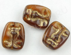 Бусина Маска 03 двусторонняя прямоугольная 13*11*5мм коричневая с золотистым рисунком прозрачная (стекло)