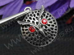 Подвеска Сова 40 3D Кулон ажурный 30*24*15мм античное серебро и красный (литьё)