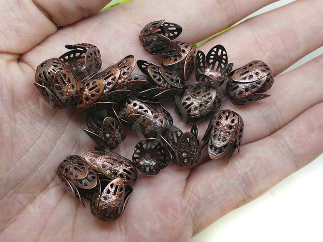 (СКИДКИ!!!) Шапочка тонкая 060 ажурная Тюльпанчик 11*10,5*10,5мм античная медь (Iron) (имитация скани) (10шт.)