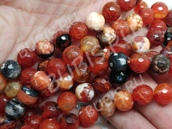 (ОПТ) Бусина округлая ГРАНЁНАЯ 10мм Агат кракле Огненный сердоликово-черный (камни) (НИТЬ)
