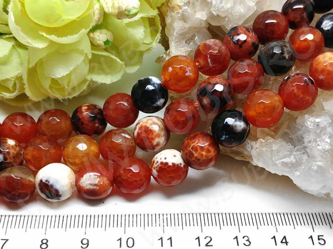 (ОПТ) Бусина округлая ГРАНЁНАЯ 10мм Агат кракле Огненный сердоликово-черный (камни) (НИТЬ)