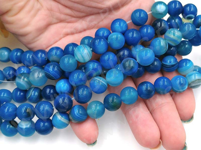 (ОПТ) Бусина округлая ГЛАДКАЯ 10мм Агат Мадагаскарский тёмно-голубой (камни) (НИТЬ)