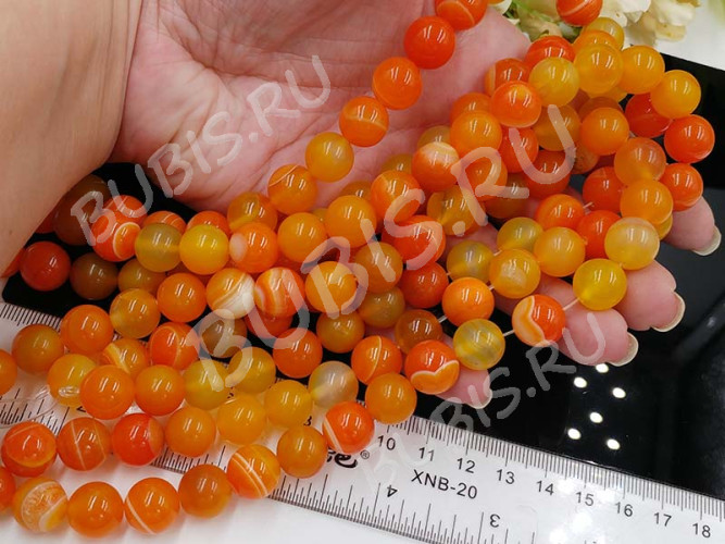 (ОПТ) Бусина округлая ГЛАДКАЯ 12мм Агат Мадагаскарский рыже-молочный (камни) (НИТЬ)