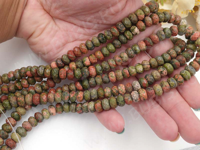 (ОПТ) Бусина каменная Абакус 11 ГРАНЁНЫЙ 8*8*5мм Унакит натуральный (камни) (НИТЬ)