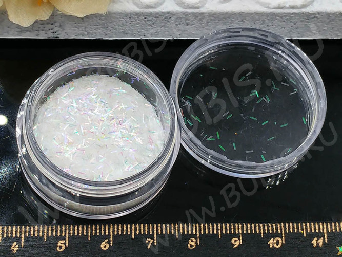 Наполнение для смолы и бутылочек 071 блёстки Палочки 2*0,3мм белые голографические полупрозрачные в контейнере (декор)