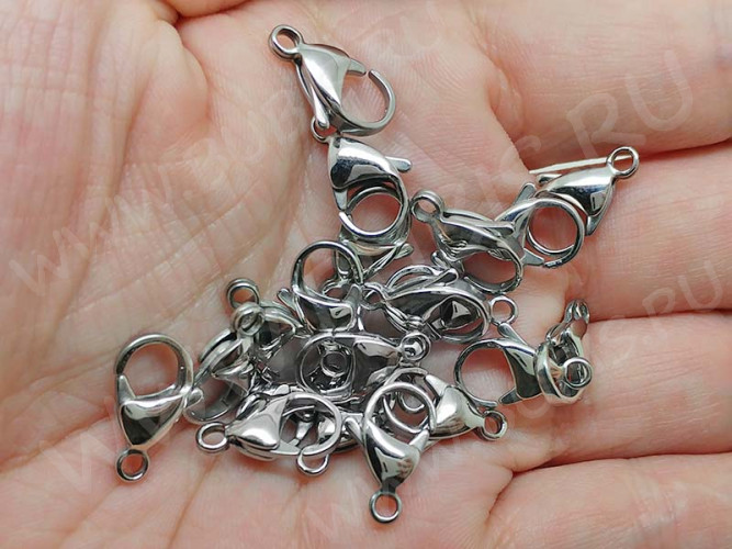 (ОПТ) Замочек карабин №057-100 15*9*4мм цвет платины (Хирургическая сталь) (100шт)