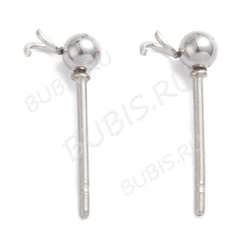 Пуссеты ("гвоздики") №208 с шариком 3мм и петелькой 15*6*0,7мм цвет платины (Хирургическая сталь) (1 пара)