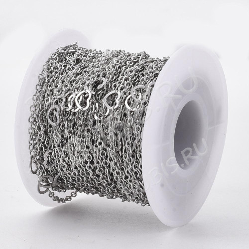 Цепочка S71 Ювелирная сталь овальная с плоским звеном 2,5*2*0,3мм с Сердечками 6*5*0,5мм цвет платины (Хирургическая сталь) (50см)