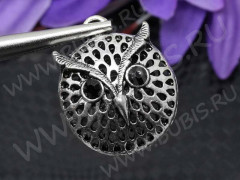 Подвеска Сова 41 3D Кулон ажурный 30*24*15мм античное серебро и чёрный (литьё)