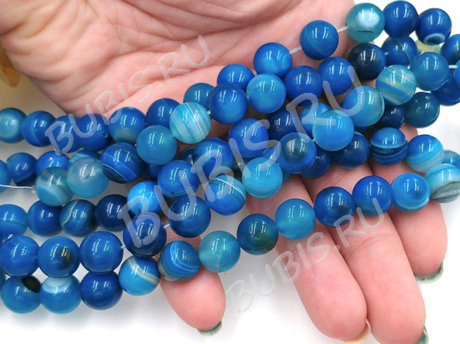 (СКИДКИ!!!) Бусина округлая ГЛАДКАЯ 10мм Агат Мадагаскарский т.голубой (камни) (10шт.)
