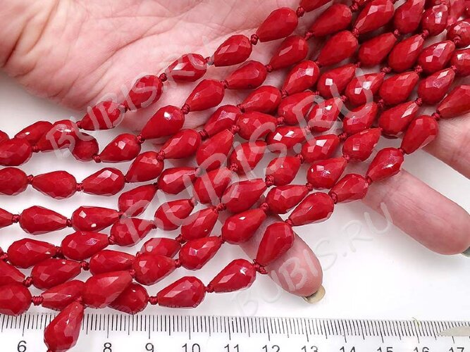 (ОПТ) Бусина Капля гранёная 12*8*8мм т.красная непрозрачная (имитация Сваровски) (НИТЬ)