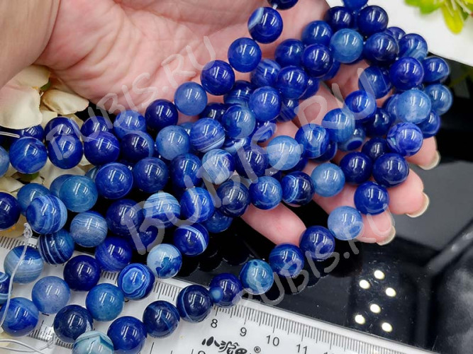 (ОПТ) Бусина округлая ГЛАДКАЯ 12мм Агат Мадагаскарский сине-молочный (камни) (НИТЬ)