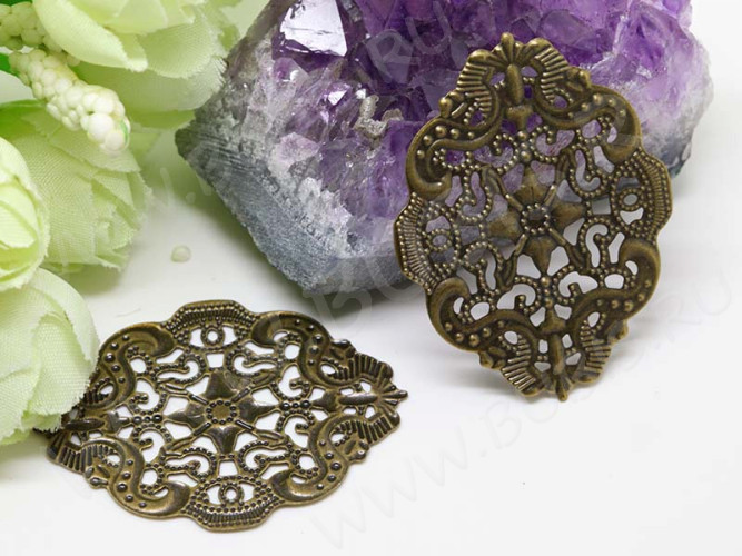 Декоративный элемент 049 Овальный ажурный 44*34*0,6мм античная бронза (Iron) (имитация скани)