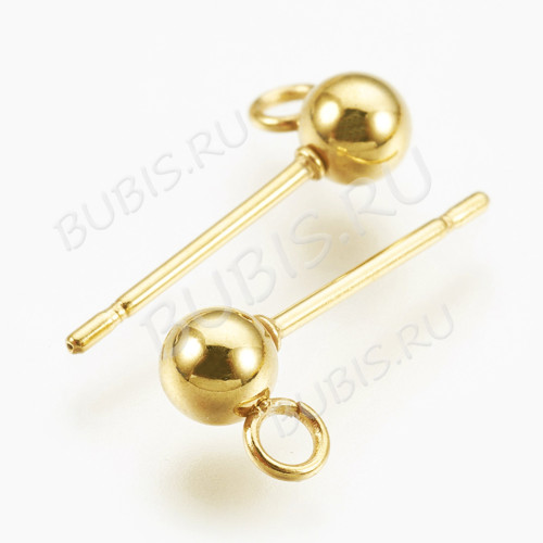 Пуссеты ("гвоздики") №209 с шариком 3мм и петелькой 15*6*0,7мм Real Gold Plated 24K золотистые (Хирургическая сталь) (1 пара)