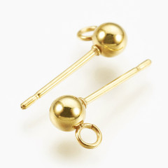 Пуссеты ("гвоздики") №209 с шариком 3мм и петелькой 15*6*0,7мм Real Gold Plated 24K золотистые (Хирургическая сталь) (1 пара)