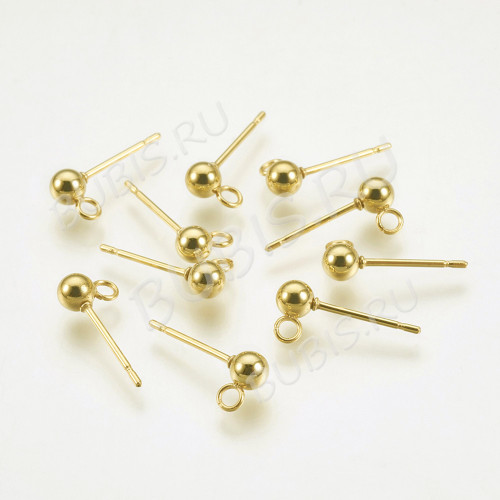 Пуссеты ("гвоздики") №209 с шариком 3мм и петелькой 15*6*0,7мм Real Gold Plated 24K золотистые (Хирургическая сталь) (1 пара)