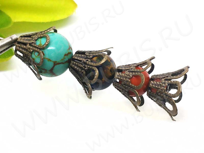 (СКИДКИ!!!) Шапочка тонкая 063 ажурная Конус широкий 15*15*9мм античная бронза (Iron) (имитация скани) (10шт.)