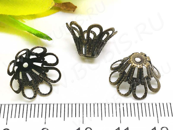 (СКИДКИ!!!) Шапочка тонкая 063 ажурная Конус широкий 15*15*9мм античная бронза (Iron) (имитация скани) (10шт.)