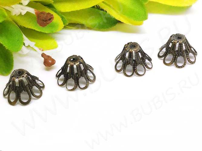 (СКИДКИ!!!) Шапочка тонкая 063 ажурная Конус широкий 15*15*9мм античная бронза (Iron) (имитация скани) (10шт.)